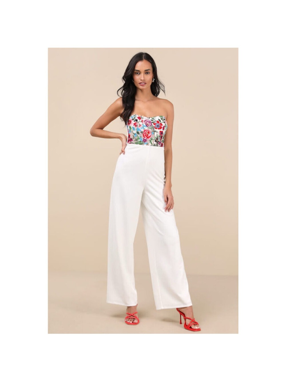Lulu's Floral Bustier Strapless White Wide-Leg Jumpsuit